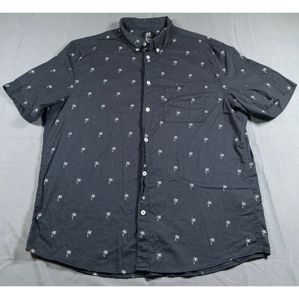 HM Mens Regular Fit Palm Tree Print Button Down Shirt Black Short Sleeve Large